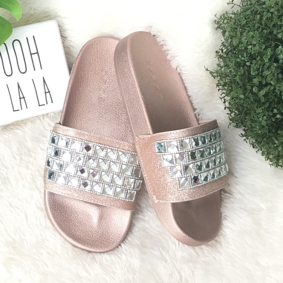 bebe Shoes - BEBE flashie rose gold slides w jewels